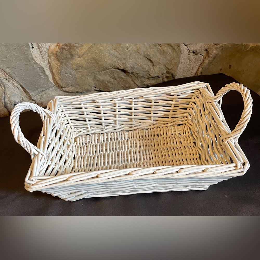 Vintage White Wicker Rectangular Basket With Two Handles